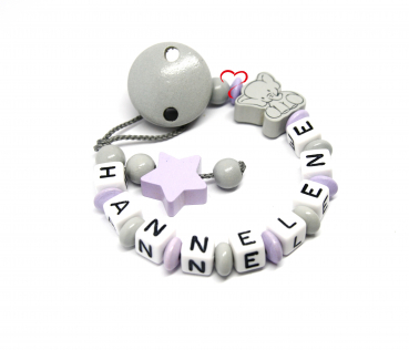 Schnullerkette mit Namen Mädchen personalisiert Elefant mit Stern flieder